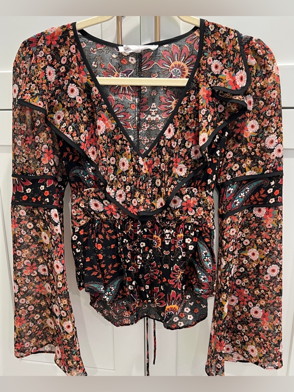 BHBGeneration XS Boho Ruffled Floral Lace up Bell Long Sleeve Blouse Top